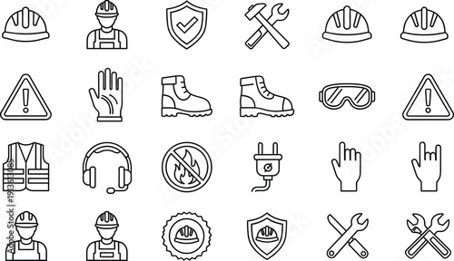 Vector line icon set of construction safety featuring hard hats, protective boots, high visibility vests, and warning signs for industrial workplace security.