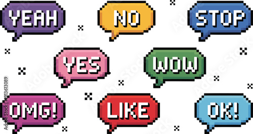 A colorful collection of pixelated speech bubbles with common short words and expressions