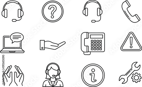 Vector line icon set of customer service support, featuring headsets, telephone, live chat, female agent, and technical help symbols for contact center.