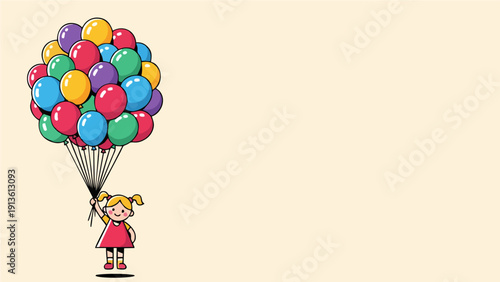 Joyful Little Girl Floating Away Holding Huge Colorful Bunch of Balloons Illustration
