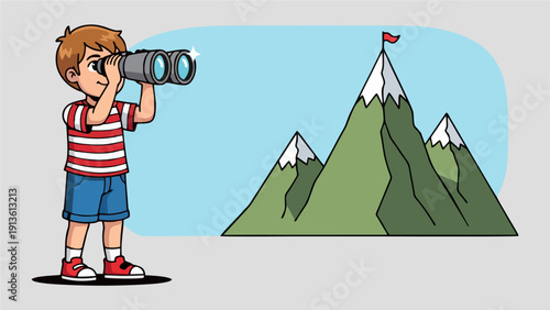 Boy Looking at Goal Oriented Mountain Peak with Binoculars Illustration