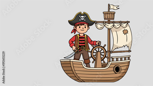 Cute Cartoon Little Pirate Boy Steering His Wooden Ship on Gray Background