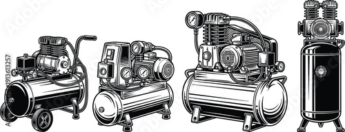 Vector set of air compressors, industrial pressure pump equipment collection, black engine machinery isolated on white background, workshop tool illustration.