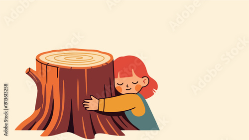 Child Hugging Large Tree Stump Promotes Environmentalism and Reforestation Concept