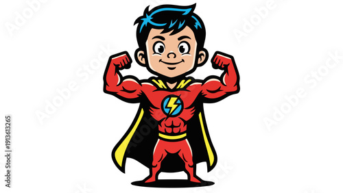 Mighty Cartoon Superhero Kid Flexing Muscles in Red Costume with Cape