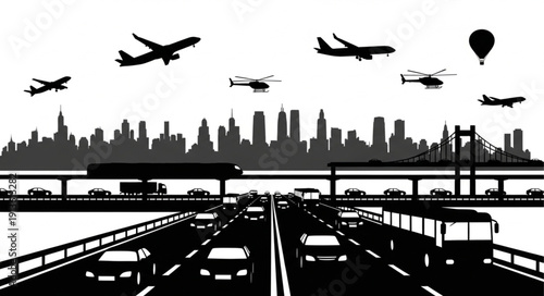 Cityscape with Airplanes and Highway Traffic.