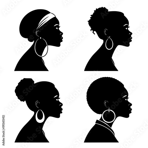 Four black silhouettes of women's heads with different hairstyles