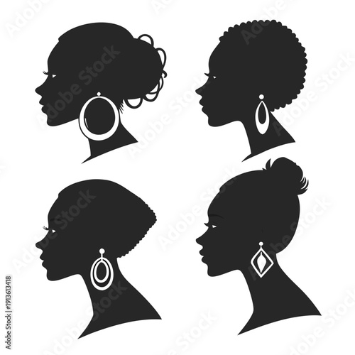 Four black silhouettes of women with different hairstyles and earrings