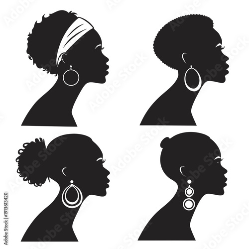 Four black silhouettes of women with different hairstyles and earrings