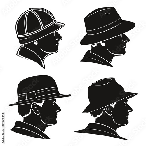Four black silhouette profiles wearing different hats