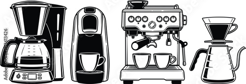 Vector set of coffee machines, drip maker, espresso machine, capsule pod brewer and pour over kettle, black kitchen appliances isolated on white.