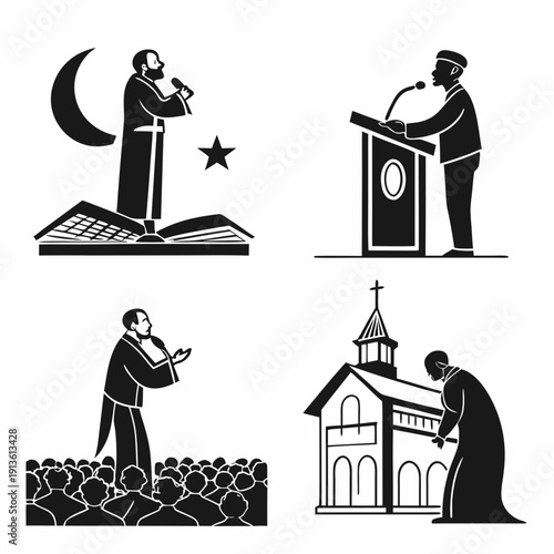 Four monochrome illustrations of a priest in different settings