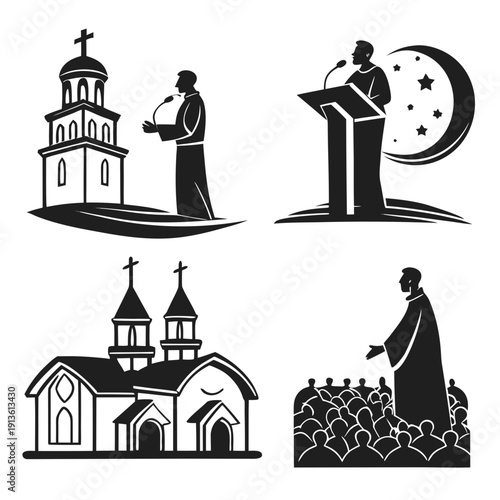 A set of four black and white illustrations of a priest