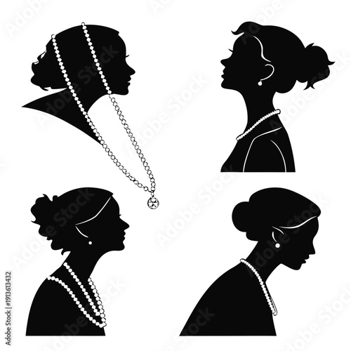 Four black silhouettes of women wearing pearl necklaces and earrings