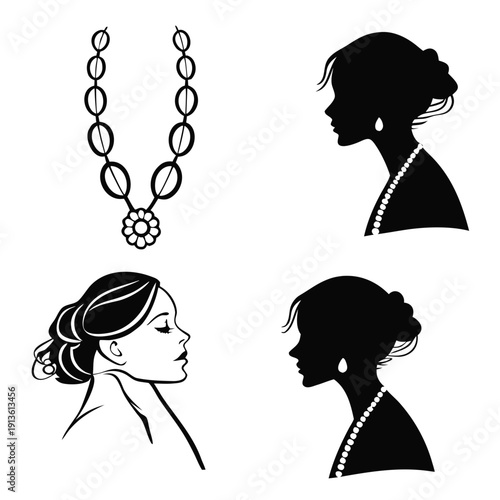 Black and white silhouettes of women wearing pearl necklaces and earrings
