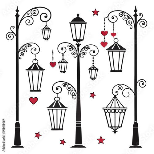 A charming illustration of street lamps and hearts