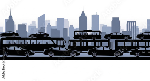 Cityscape with traffic jam of cars and buses.