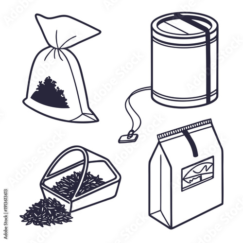 A collection of coffee packaging and beans