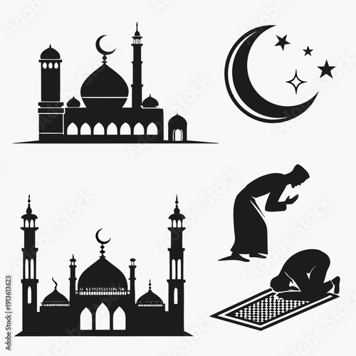 Ramadan kareem illustrations with mosque and muslim people