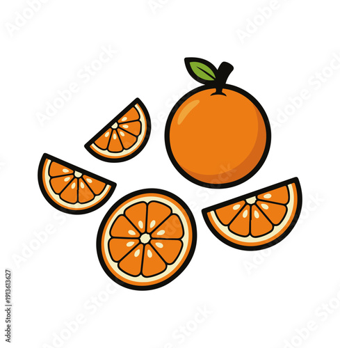 Orange vector illustration with whole citrus fruit and sliced orange wedges
