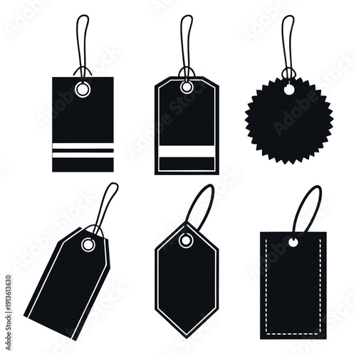 A collection of six different types of black price tags
