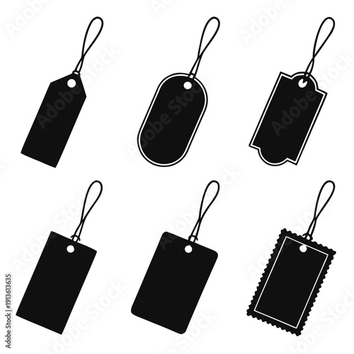 A set of six different black price tags on a white background