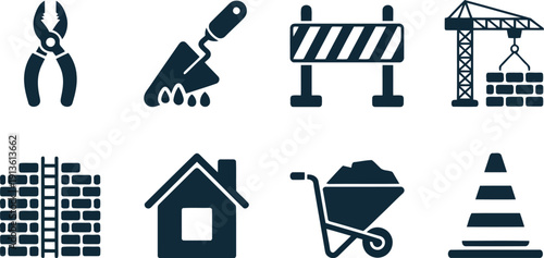A comprehensive collection of dark glyph icons representing essential construction tools and building elements