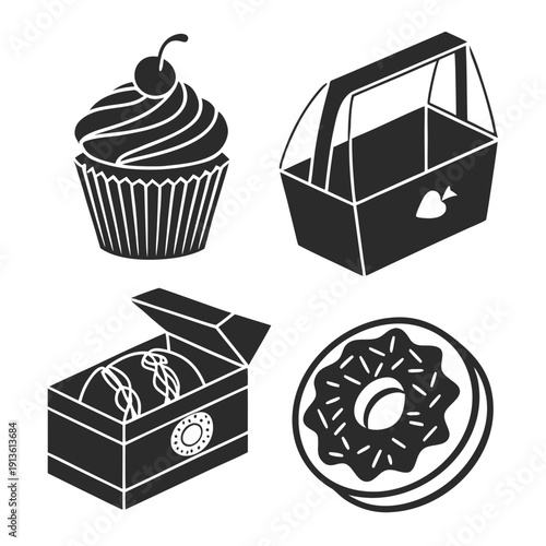 Black and white line drawing of bakery items