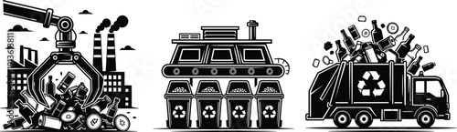 Waste management set showing industrial claw machine lifting trash, conveyor belt sorting system, and garbage truck overflowing with waste, black vector illustration.