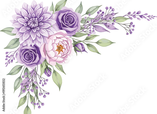 Watercolor purple flower corner arrangement with roses and leaves, floral bouquet vector illustration for wedding invitation, isolated on white background, decoration element.