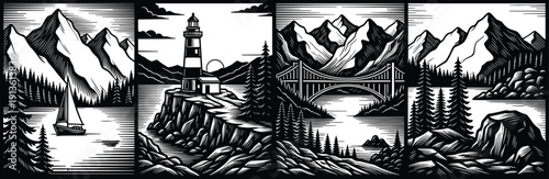 Vintage woodcut landscape set, mountains with pine forest and lake, lighthouse on rocky cliff, suspension bridge river scene, black engraving vector illustration.