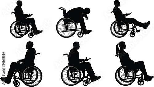 Wheelchair silhouette collection, disabled people vector set, black handicapped person sitting, mobility impairment symbol, medical patient illustration, accessibility icon, isolated white background.