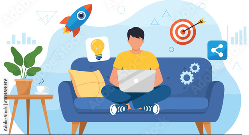 Young man freelancer sitting on blue sofa using laptop for business startup, rocket and target icons, charts, flat vector illustration, remote work, home.