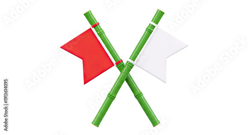Two crossed bamboo poles with red and white flags