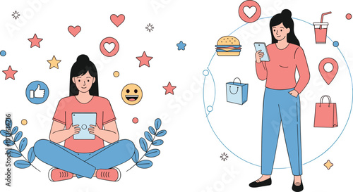 Young woman using digital tablet for social media and smartphone for online shopping, flat vector illustration, lifestyle concept, technology, internet.