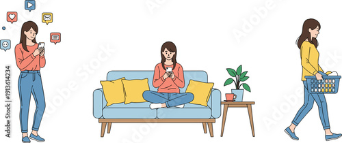 Young woman using smartphone for social media, sitting on sofa relaxing, carrying laundry basket for housework, flat vector illustration set, lifestyle, daily routine.