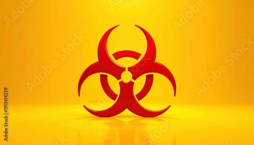 FlyPro_Firefly's Red biohazard symbol on a bright yellow background, stark and prominent, captured with harsh frontal lighting in a professional camera shot.