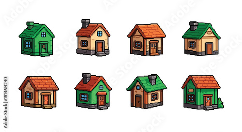 An array of eight charming, isometric pixel art houses, each uniquely designed with different roof and wall colors, windows, and entryways.
