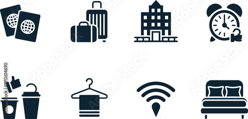 A comprehensive set of dark blue icons representing travel, hotel stays, and enjoyable guest amenities