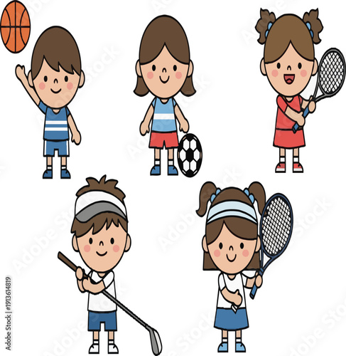 Children Sports Characters Collection – Basketball, Soccer, Tennis and Golf Vector