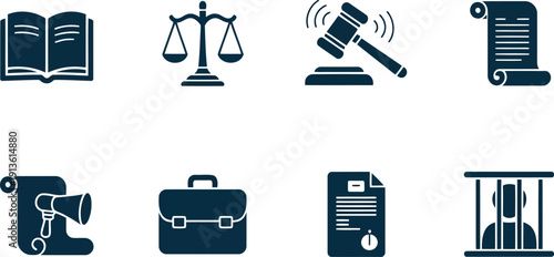 A comprehensive set of legal and justice system icons representing various aspects of the law