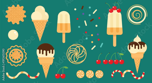 A vibrant collection of various ice cream cones, popsicles, and sweet dessert toppings on a teal background.