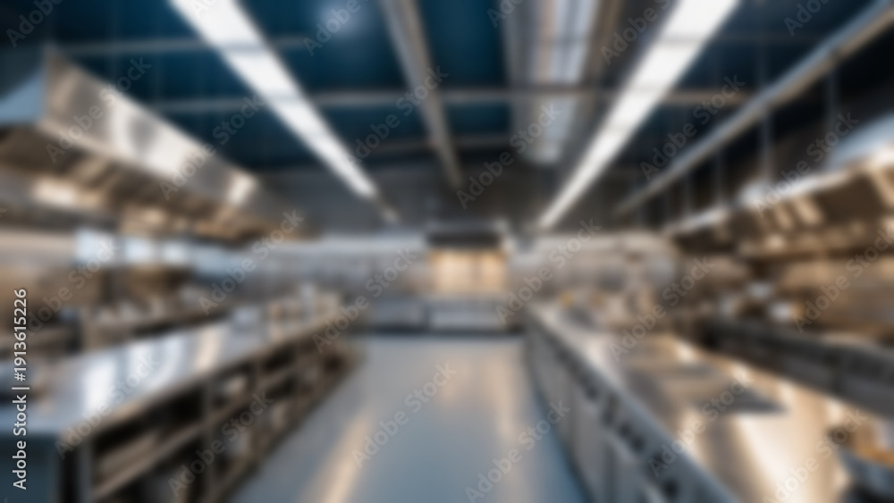 Naklejka premium Blurred background of High-capacity modern public kitchen hall with long stainless prep tables extending into distance and massive ventilation hood above, open industrial ceiling with exposed beams.