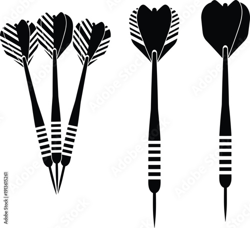 Black dart silhouette set, professional throwing darts for bar games, competition sport equipment icons, isolated vector illustration on white background.
