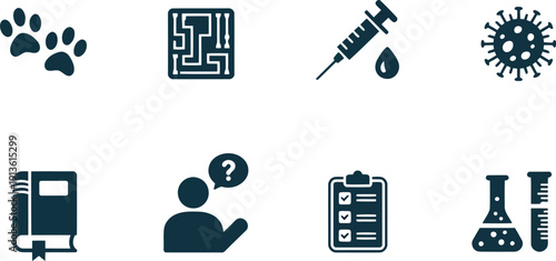 A detailed arrangement of various educational and scientific icons featuring animal prints, technology, health, and knowledge symbols