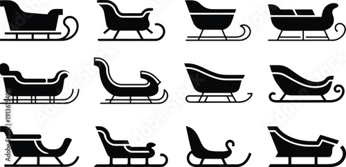 A diverse collection of black silhouette sleigh icons showcasing many unique and traditional designs
