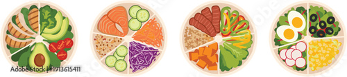 Healthy Balanced Diet Food Plates with Vegetables Salmon Chicken Eggs and Grains Top View Vector Illustration