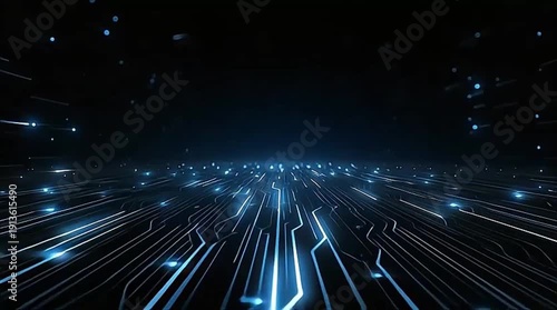 Vibrant blue glowing rectangular frame surrounded by digital circuit lines on dark background