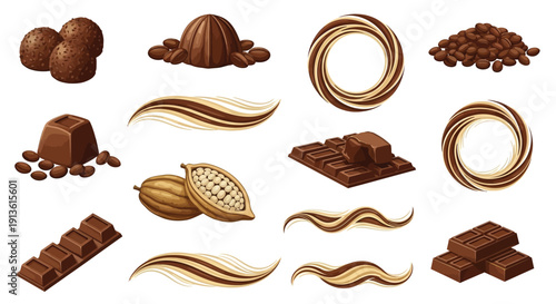 An assortment of various chocolate products including truffles, pralines, bars, cocoa pods, beans, and decorative chocolate swirls.
