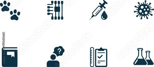 A diverse collection of monochrome icons representing scientific research, education, health, and technology